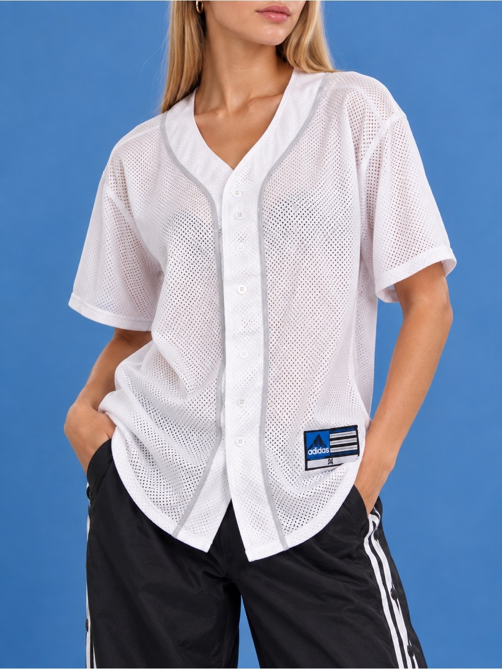 Vintage adidas M White Mesh Baseball Jersey Button Front 90s Y2K Streetwear